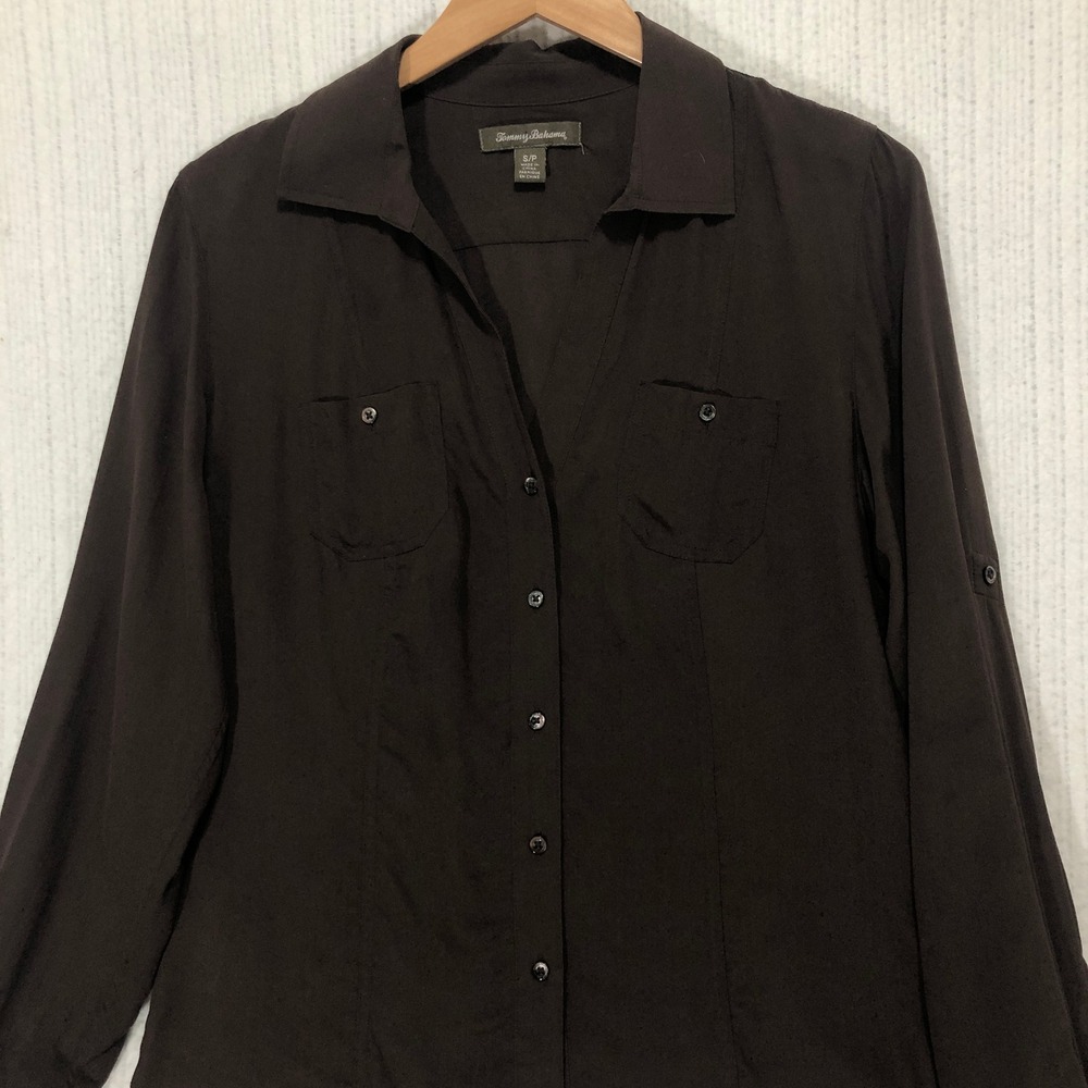 Tommy Bahama Silk Button Down Shirt Roll Tab Long Sleeve Brown Women's Size S